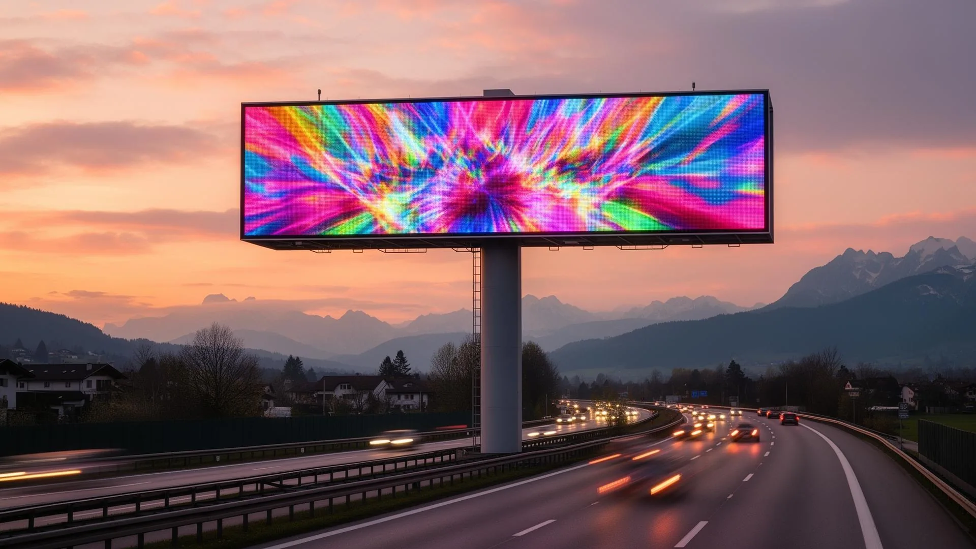 Outdoor LED-Werbewall an einer Autobahn im Abendlicht