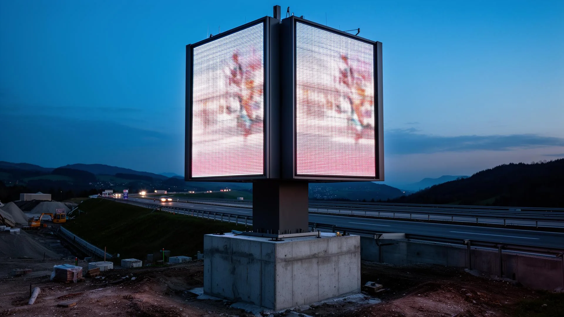 Outdoor LED-Pylon mit Betonfundament an österreichischer Schnellstraße in der blauen Stunde