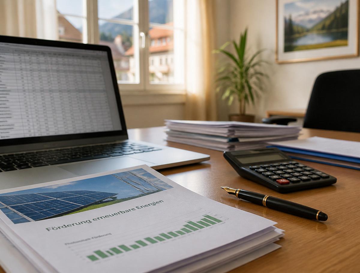 Schreibtisch mit Laptop, Taschenrechner und Förderungsunterlagen