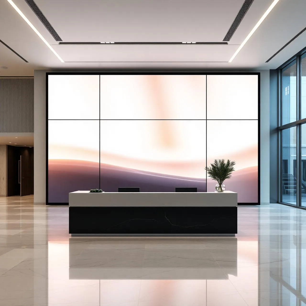 LED-Wand hinter einem Empfangsdesk in einer modernen Bürolobby