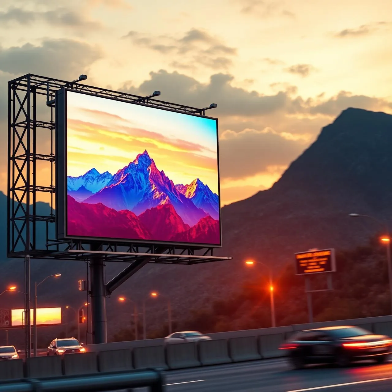 Outdoor LED-Werbewall an einer Autobahn im Abendlicht