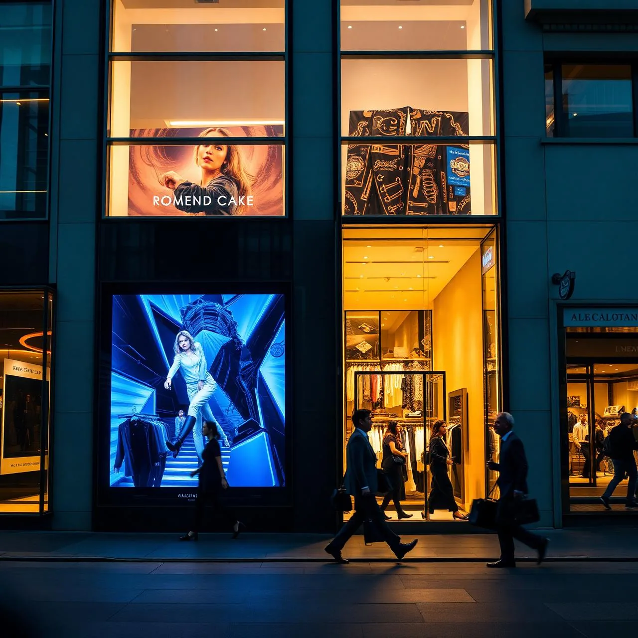 Beleuchtetes LED-Schaufenster auf einer Premium-Einkaufsstraße bei Dämmerung